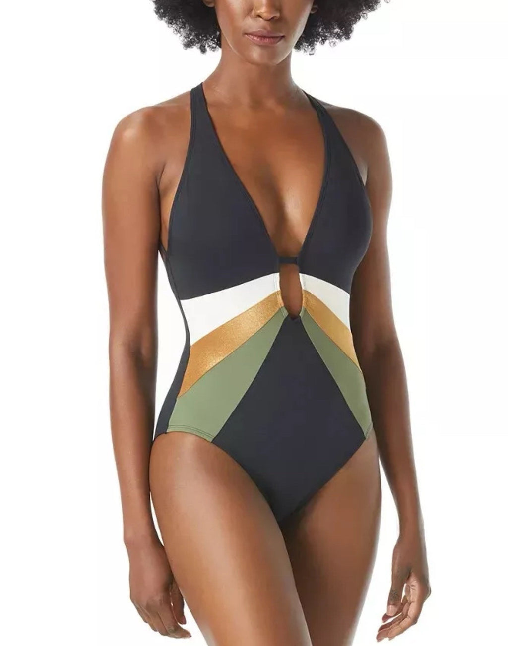 Vince Camuto Gold Shimmer Blocked Punging V-Neck One-Piece L35452 Womens Size 4