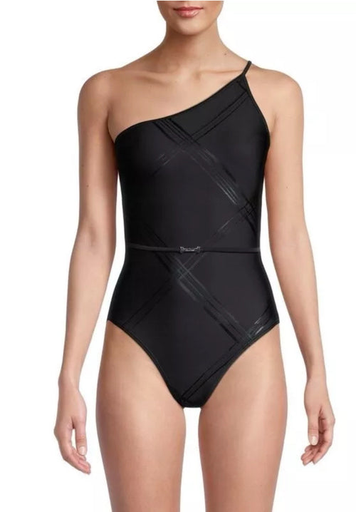 Calvin Klein JUMBO PLAID BLACK Belted One-Shoulder One-Piece Swimsuit, US 12