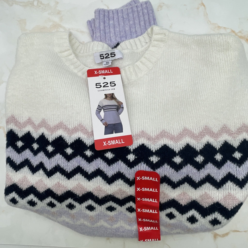 525 Women's Super Soft Crewneck Pullover Lurex Fairisle Sweater XS