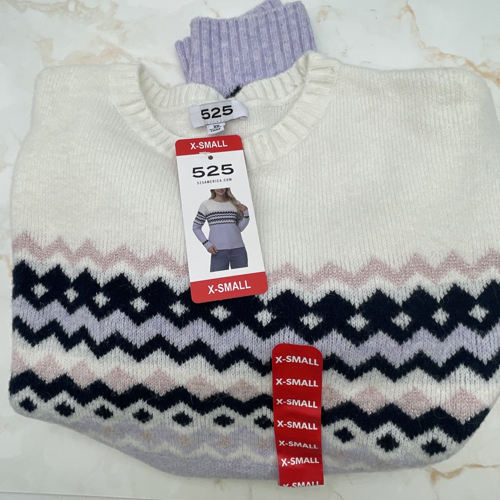 525 Women's Super Soft Crewneck Pullover Lurex Fairisle Sweater XS