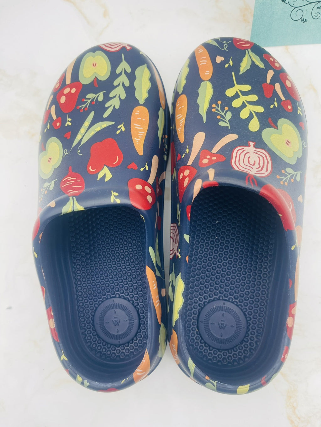 Totes Women's Super Comfy, Ultra Tough Clogs, Size  10 Navy with Garden Veggies
