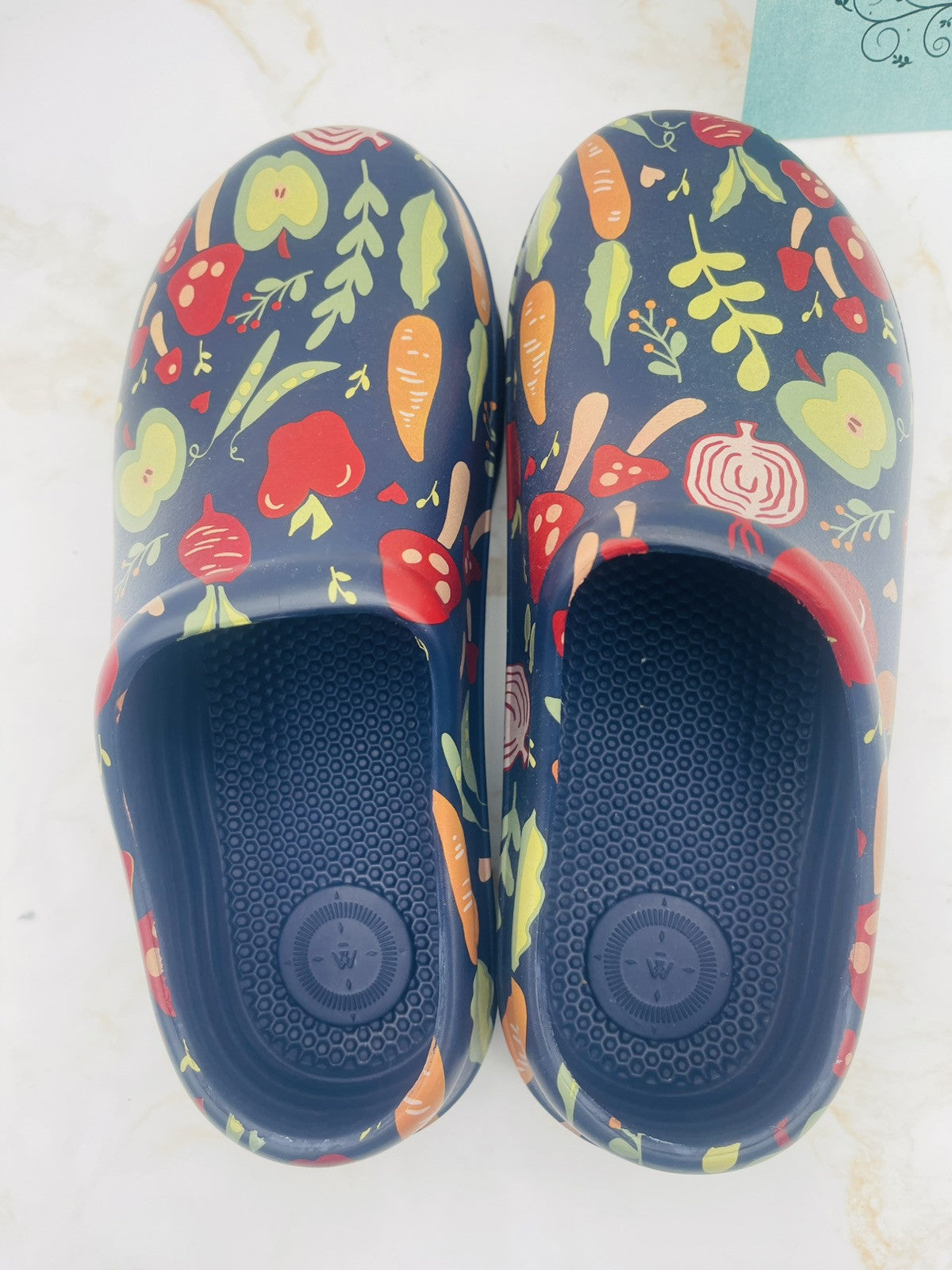Totes Women's Super Comfy, Ultra Tough Clogs, Size  10 Navy with Garden Veggies