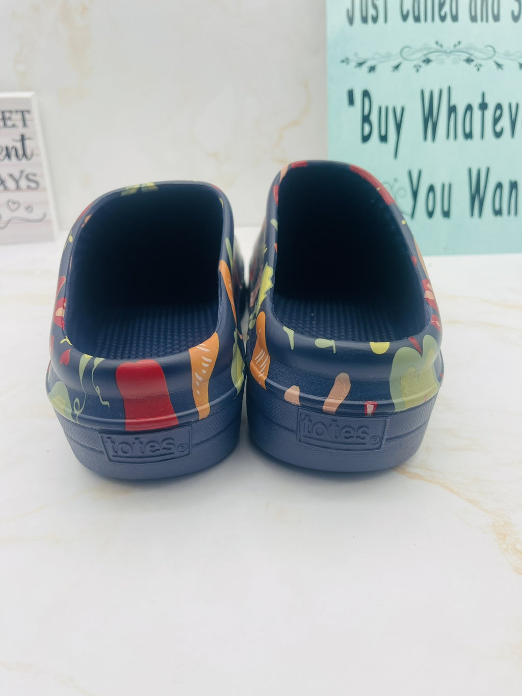 Totes Women's Super Comfy, Ultra Tough Clogs, Size  8 Navy with Garden Veggies