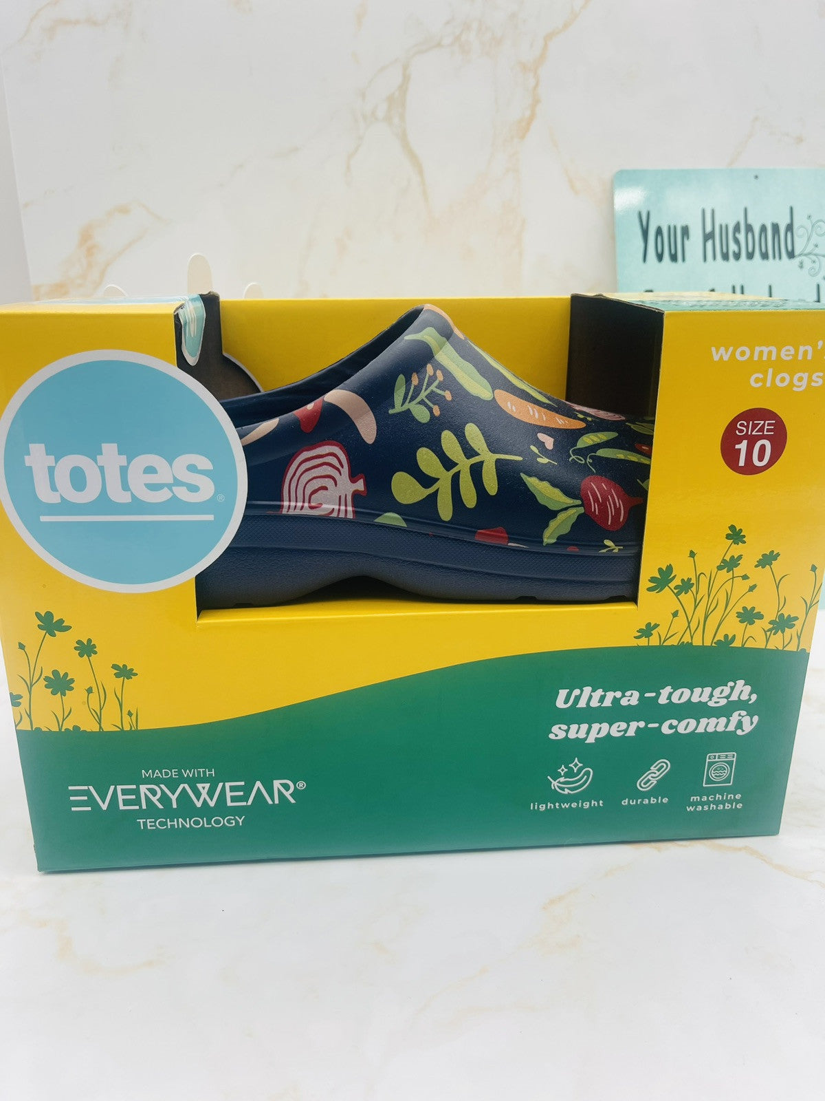 Totes Women's Super Comfy, Ultra Tough Clogs, Size  10 Navy with Garden Veggies